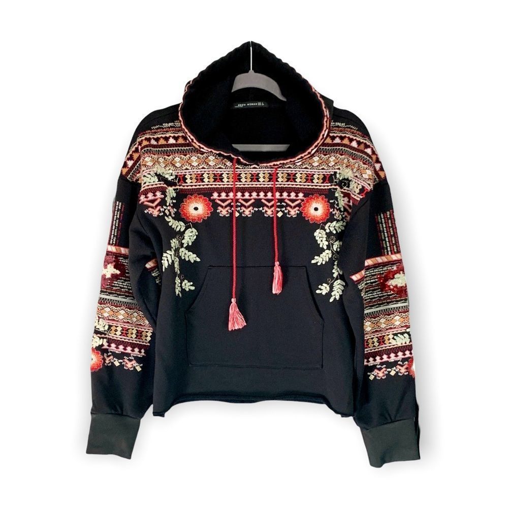 Zara BBWM Embroidered Black Cropped Hoodie Sweatshirt Size L
